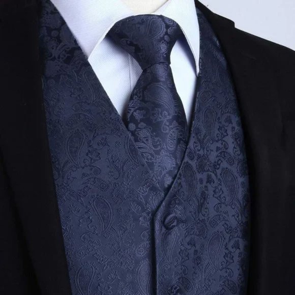New 3PC Men's Paisley Floral Suit Vest Navy - Picture 3 of 8